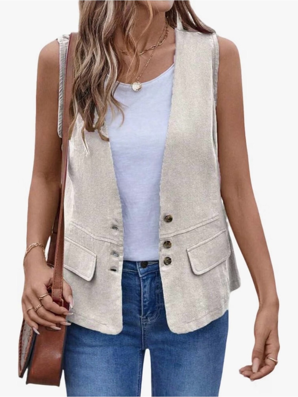Linen Blend Cream Button-Front Sleeveless Vest - Women's